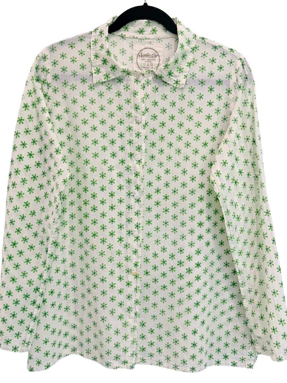 Auntie Oti Organic Khadi Cotton 250 count Floral Button Up Shirt - Cream / Green